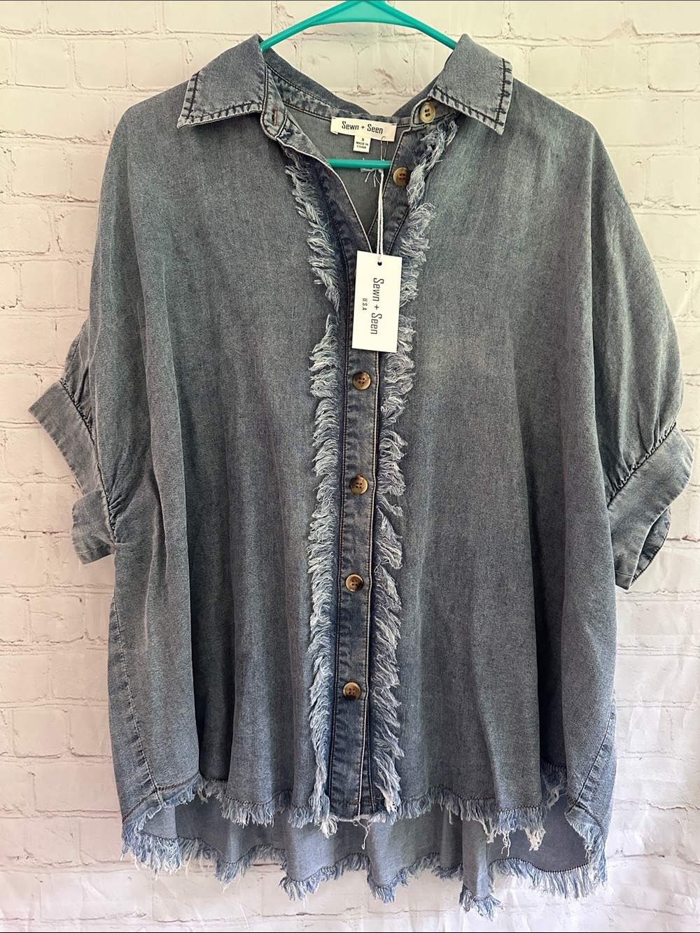 Sewn + Seen NWT light denim fringed button down blouse Oversized S